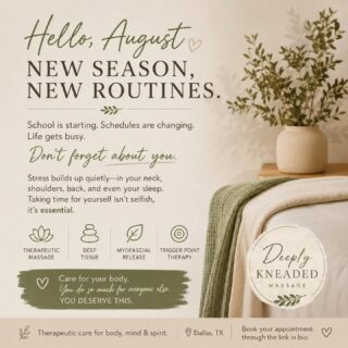 Has summer finally caught up with you?

Between vacations, camps, back-to-school shopping, busy workdays, and trying to squeeze every last bit out of the season, your body may be asking for a break.

If your shoulders feel tight, your back is aching, or you've been running on empty, it might be time for a massage.

Take an hour for yourself. You can't pour from an empty cup.

✨ Book your appointment through the link in my bio.

#deeplykneadedmassage #dfwmassage #dallasmassagetherapist #selfcare