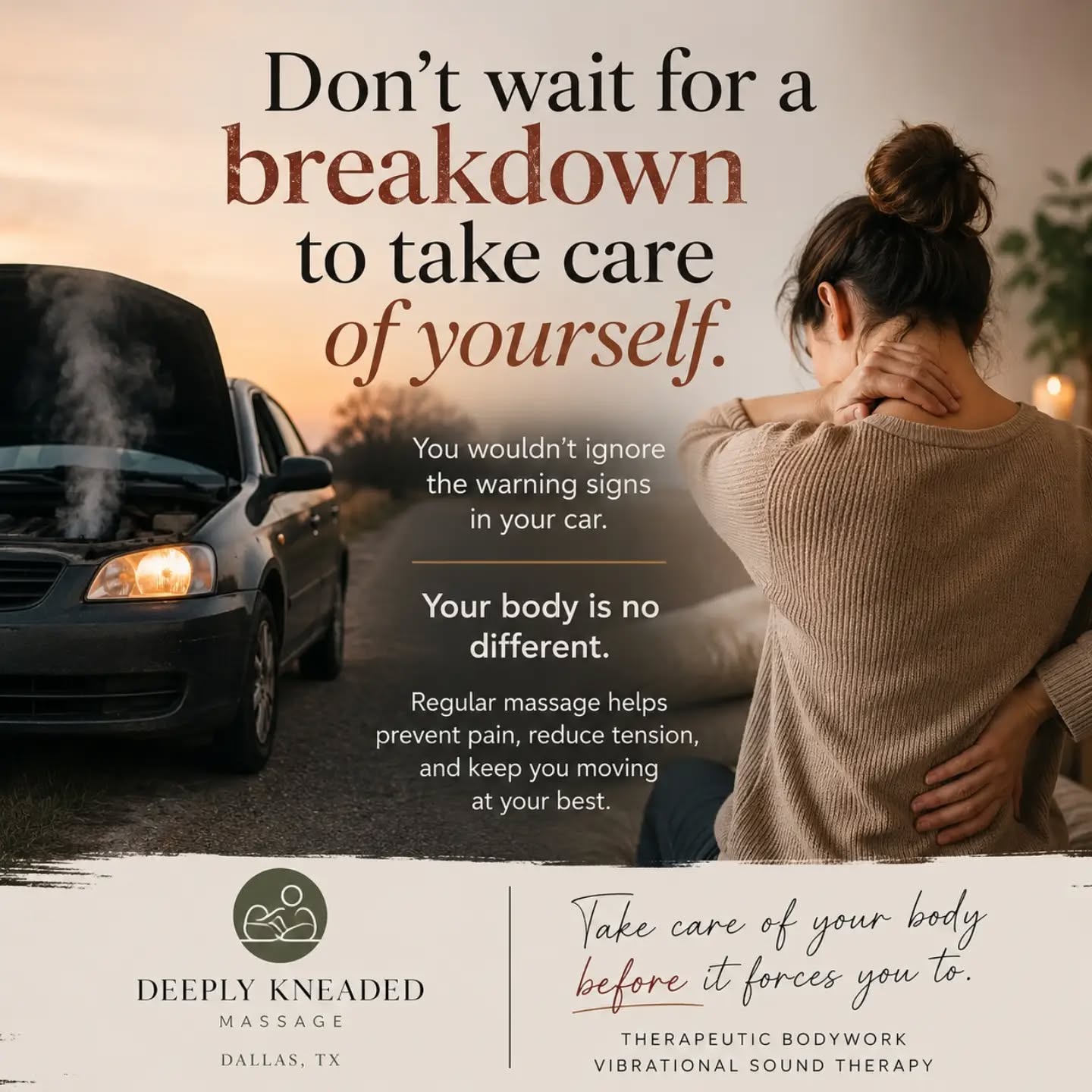 It's funny how many of us take better care of our cars than we do our own bodies.

We don't skip oil changes or routine maintenance because we know neglect leads to bigger, more expensive problems down the road.

But when it comes to our bodies, we often wait until we're in pain before we pay attention.

The truth is, your body deserves the same kind of regular care.

Massage isn't just about "fixing" you when something hurts. It's about maintaining healthy muscles, reducing built-up tension, improving mobility, and helping your body function at its best before pain becomes your body's way of demanding attention.

You can replace parts on a car.

You only get one body.

Take care of it like it's your most valuable investment—because it is.

📍Deeply Kneaded Massage | Dallas, TX Book your next maintenance session through the link in my bio.

#DeeplyKneadedMassage #DallasMassage #MassageTherapy #PreventativeCare #WellnessJourney SelfCare EastDallas DallasWellness