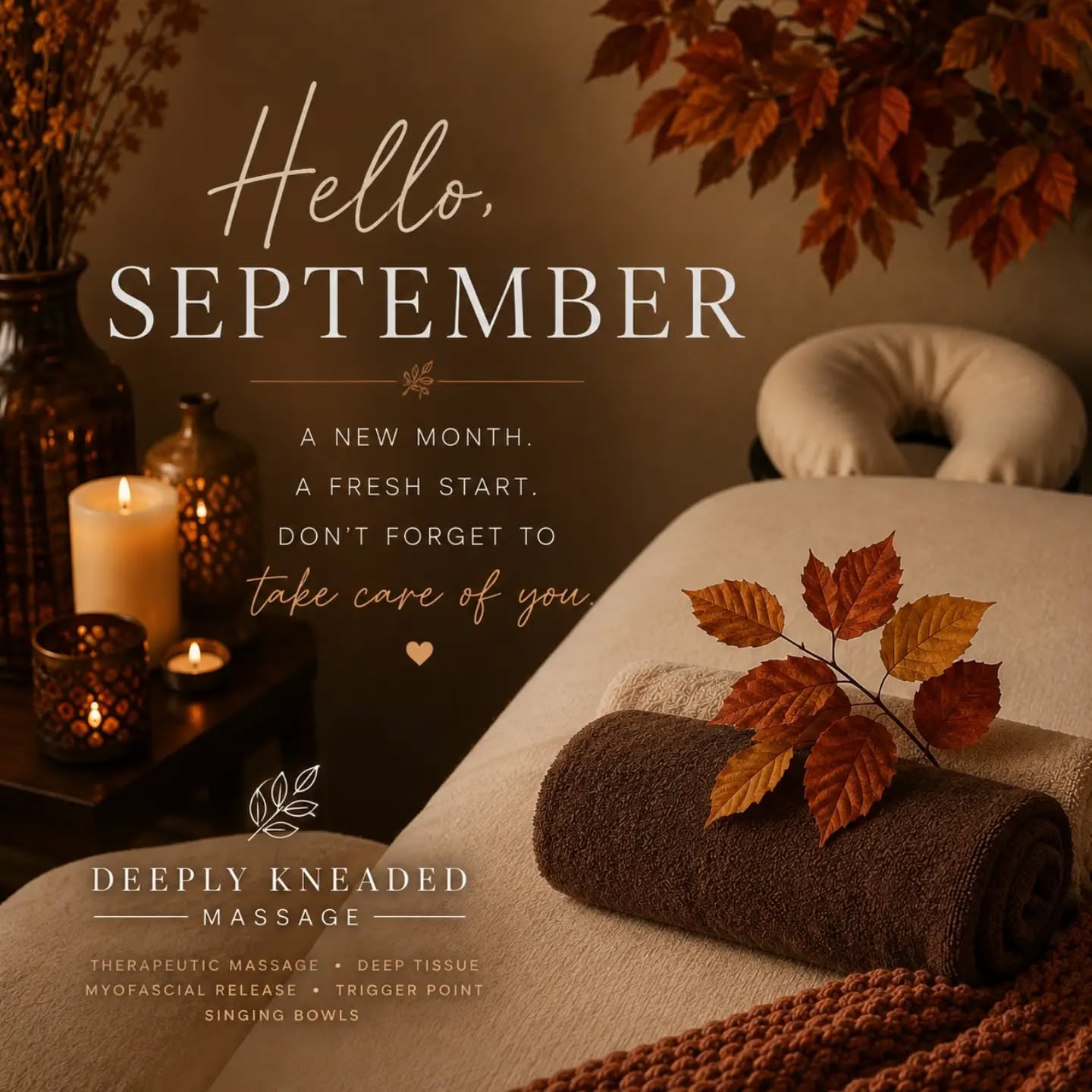 Hello, September 🍂

September is here! Summer is wrapping up, the kids are back in school, and routines are changing again. Before we know it, the holidays will be here and the end of the year will feel like it happened in the blink of an eye.

This is the perfect time to start thinking ahead and making space for yourself in the months to come.

If massage is part of your self-care routine—or if you've been telling yourself you need to get back on the table—now is a great time to plan ahead. Don't wait until the stress has piled up and your body is begging for attention.

Take a look at your calendar. Make time for yourself. Your body carries you through all of it—it deserves a little care too. 🤎

📍 Deeply Kneaded Massage | Dallas, TX

#HelloSeptember #DeeplyKneadedMassage #DallasMassageTherapist #TherapeuticMassage #SelfCareRoutine